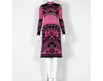 1960s LEONARD Paris Dress: Vintage Pink Wool Psychedelic Art Deco Print