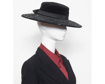 Rare vintage 1980s black velvet sequins YVES SAINT LAURENT rive gauche cocktail brim hat