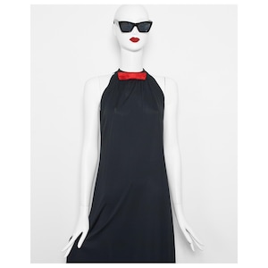 Fab vintage early 1980s black jersey THIERRY MUGLER red bow sleeveless trapeze dress