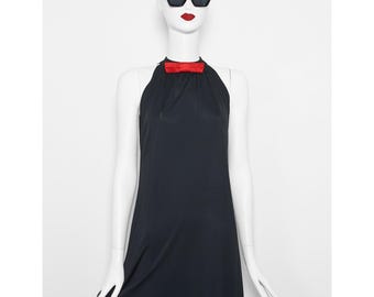 Fab vintage early 1980s black jersey THIERRY MUGLER red bow sleeveless trapeze dress