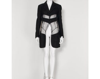 Rare COMME DES GARCONS 2001 showpiece black silk jacquard floral mesh tulle blazer