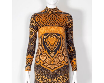 Vintage 1960s LEONARD Paris Wool Dress: Aztec Art Deco Print