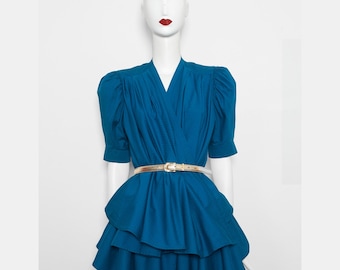 Fab vintage 1985 runway petrol blue pleated KENZO puffed sleeve wrap top