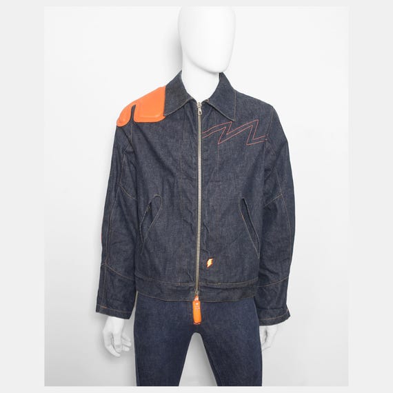 Walter Van Beirendonck, vintage late 1990s WALTER VAN BEIRENDONCK W.&L.T. indigo denim jeans jacket orange rubber patchwork
