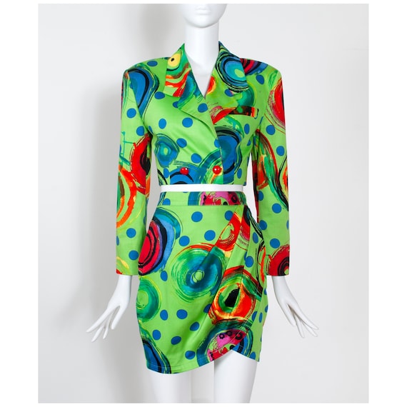 Vintage 1991 Gianni Versace Runway Skirt Suit: Acid Green Pop Art