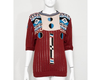 Rare vintage late 1981 showpiece Aztec ajour knit KANSAI YAMAMOTO applique sweater