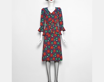 Rare vintage S/S 1974 silk floral ruffled YVES SAINT LAURENT skirt suit