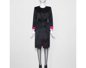 Iconic 1984 documented vintage black pink silk satin YVES SAINT LAURENT Rive Gauche cocktail suit