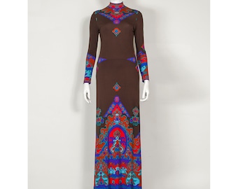 Sukienka maxi LEONARD Paris z jedwabnego dżerseju z lat 70.: wzór aztecki, rozmiar S