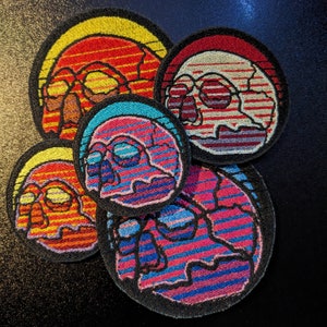 Synthwave Skull Sunset Embroidered Sew on Patch