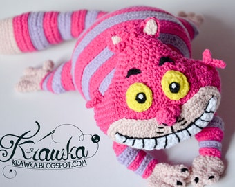 Crochet PATTERN No 1624 - Pink Cheshire cat pattern by Krawka, Alice in Wonderland, Lewis Carroll, crazy, pink, mad hatter, rabbit hole