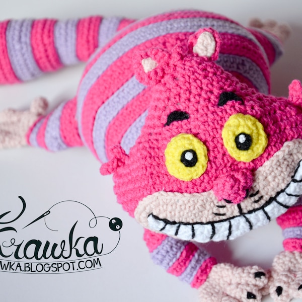 Crochet PATTERN No 1624 - Pink Cheshire cat pattern by Krawka, Alice in Wonderland, Lewis Carroll, crazy, pink, mad hatter, rabbit hole