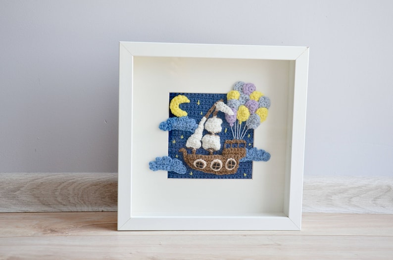 Crochet PATTERN No 1717 Picture frame Balloon ship pattern by Krawka, fantasy, fairy tales, nursery, wall decor image 1