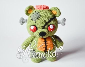 Modèle au crochet anglais (PDF) Frankie le zombie ours en peluche par Krawka monstre d'Halloween (télécharger)