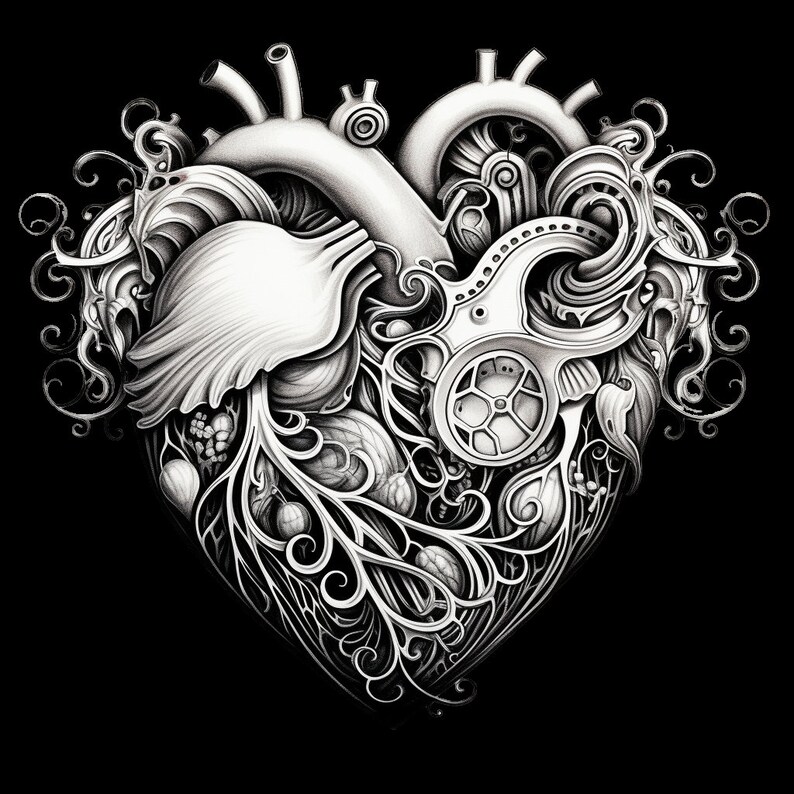 May include: A black and white illustration of a stylized heart with intricate details, including a gear, vines, and leaves.