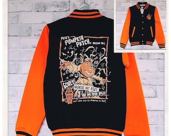 Pete's Pumpkin Patch Black and Orange Varsity Jacket | Embroidered Vintage Halloween Pumpkin | Halloween Jacket | Horror Clothing