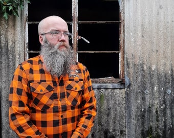 Halloween Lumber Jack Shirt - Black and Orange Plaid Shirt, Check Shirt, Flannel Shirt with embroidered pumpkin design