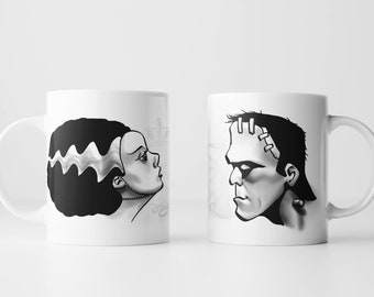 Frankenstein and Bride: His and Her Mug Set (2 Mugs) - Halloween Frankenstein's Monster Universal Monsters Bride of Frankenstein Coffee Mug