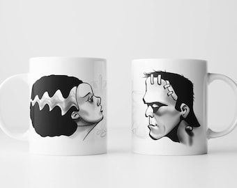 Frankenstein and Bride: His and Her Mug Set (2 Mugs) - Halloween Frankenstein's Monster Universal Monsters Bride of Frankenstein Coffee Mug