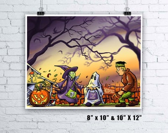 Halloween Kids – Trick Or Treat? Giclee Print | Halloween Art Trick or Treating Frankenstein Ghost Witch Halloween Costumes Haunted House