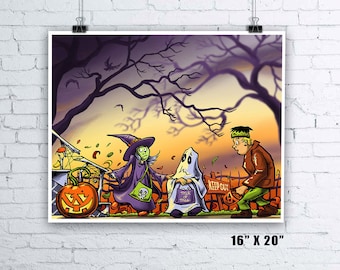 Halloween Kids – Trick Or Treat? Giclee Print | Halloween Print Trick or Treating Frankenstein Ghost Witch Halloween Costumes Haunted House