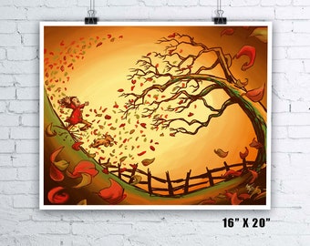 Autumn Has Arrived! - Giclee Fine Art Print - 16" x 20" - Autumn Print Fall Print Seasonal Art Prints Falling Leaves Wall Art