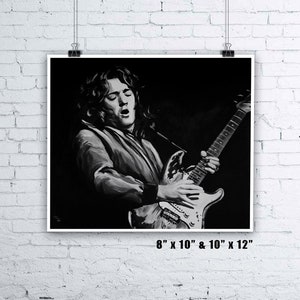 May include: Black and white illustration of a musician playing an electric guitar. The musician is wearing a jacket and has long hair. The image is set against a dark background.