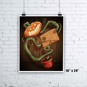 May include: A whimsical illustration of a jack-o'-lantern growing from a pot with a sign that reads "Trick or Treat, Sell My Feet". The illustration is done in a cartoon style with a dark background and a wooden plank texture.