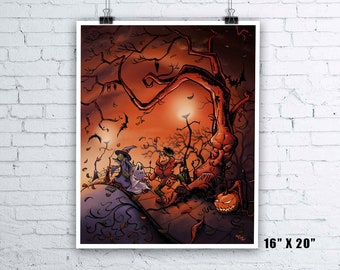 Halloween Kids - Long Way Home 16" x 20" Giclee Print | Halloween Art Trick or Treat Print Autumn Fall Frankenstein Ghost Witch Print