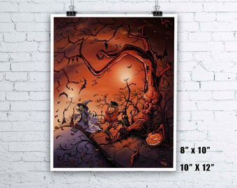 Halloween Kids - Long Way Home Giclee Print | Halloween Art Trick or Treat Autumn Fall Frankenstein Ghost Witch - 8" x 10" or 10" x 12"