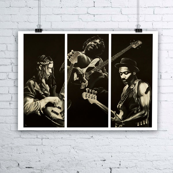 Bass Odyssey - Jaco Pastorius, Victor Wooten and Marcus Miller Bassist Painting - Giclee Fine Art Print - Various sizes available