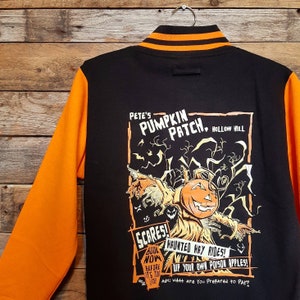 Embroidered Vintage Halloween Varsity Jacket, Pete&#39;s Pumpkin Patch Halloween Jacket, Black and Orange Halloween Jacket, Horror Clothing