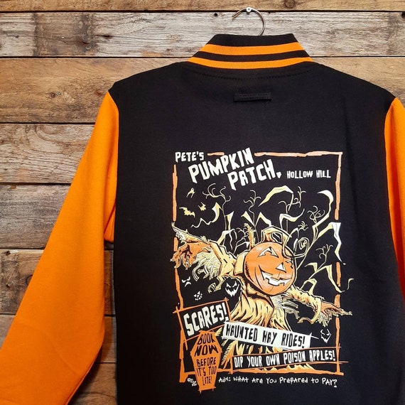Embroidered Vintage Halloween Varsity Jacket, Pete's Pumpkin Patch Halloween Jacket, Black and Orange Halloween Jacket, Horror Clothing