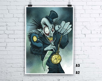 Könnte beinhalten: Eine digitale Illustration einer Comicfigur mit einem Zylinder, einem langen, scharfen Messer und einer Taschenuhr. Die Figur hat einen unheilvollen Ausdruck und hält einen kleinen, blauen Vogel in einer Hand. Der Hintergrund ist ein dunkelblauer und grüner Aquarell-Wasch.