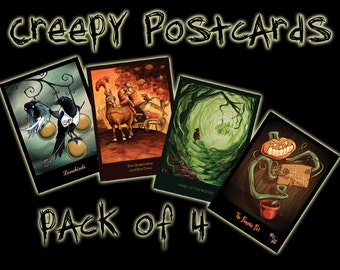 Creepy Halloween Art Postcards - Pack of 4 - Fantasy Halloween Pumpkin Horror Illustrations Fairy tale