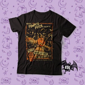 May include: Black t-shirt with a vintage-style illustration of a scarecrow holding a pumpkin. The text on the shirt reads "Pete's Pumpkin Patch - Hollow Hill" and "SCARES!  HAUNTED HAY RIDES!  DIP YOUR OWN POISON APPLES!  NOW WHAT ARE YOU PREPARED TO FACE?"