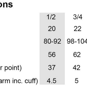 May include: Size chart for clothing with measurements in inches and centimeters. The chart shows chest size to fit, height to fit, actual chest, length, and sleeve length for sizes 1/2, 3/4, 5/6, 7/8, and 9/10.