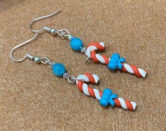 Candy  Cane Earrings/Christmas Earrings/Holiday Earrings/Handmade Original Jewellery.     2"         HE-342