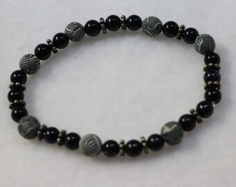 Black Sandstone Bracelet/ Rubberized Zebra Stripped Beads that'are recycled Tires/ Creativity stone for strengthening relationship    B 3131