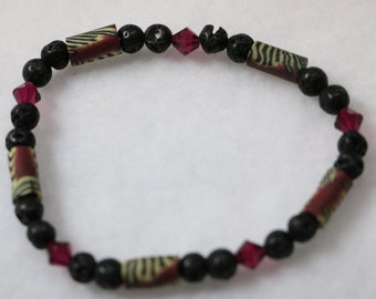 Lava Gemstone and Zebra Beaded Bracelet/Red Swarovski Crystal Beaded Bracelet/ Crystal Healing Stone Bracelet / Unisex Jewellery/