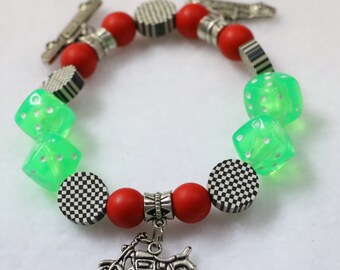 Charm Bracelet/  Motorcycle, and Car Charm/Checkered Flag Beads/ Recycled Tire Rubberized Beads,/Racing Bracelet,/      B3097