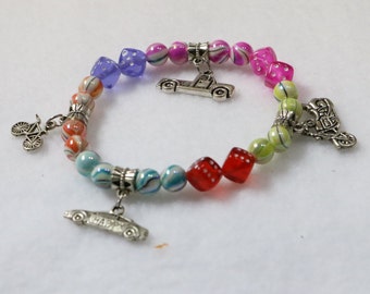 Shiny Silver Charms, car, truck, motorcycle bracelet/Pink,Blue,Yellow,Orange Purple bangle/cool funky Fashion jewellery/Handmade    B3096