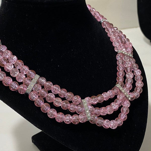 Pale Pink Triple Strand Crackle Glass Necklace/Statement Necklace/ Handmade Original Jewellery   20" long.    N-6