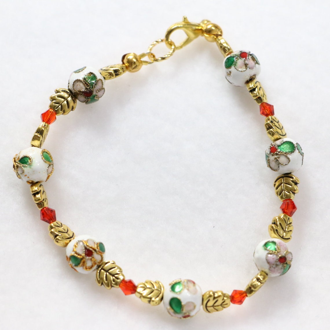 White Cloisonne Bracelet/vintage Style Gold Leaf Bracelet Etsy