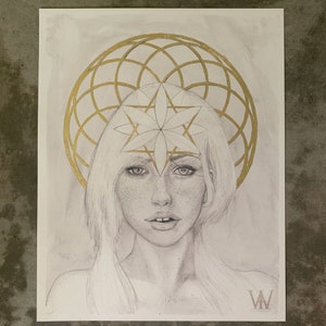 Holy Guardian Angel - Hand Embellished Gold Leafed Flower of Life - Fine Art Print 11&quot;x14&quot;