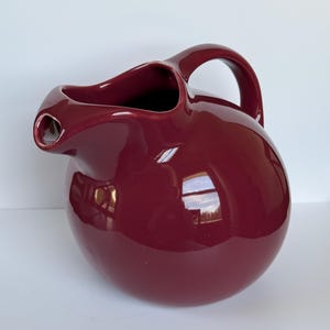 Vintage Hall China Ball Pitcher – Burgundy Water Jug with Ice Lip – Mid-Century USA Pottery