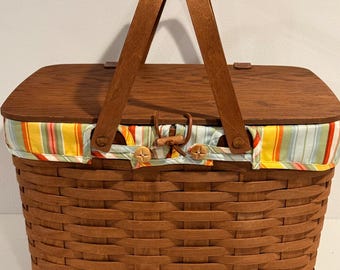 Vintage Longaberger Large Picnic Basket Complete Set Wood Lid Rich Brown Striped Liner Plastic Protector Riser Artist Signed USA
