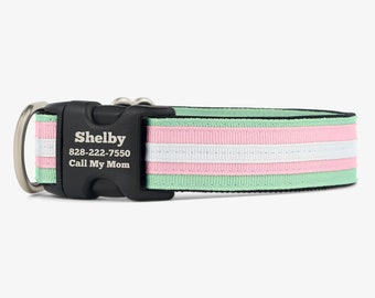Aangepaste hondenhalsband, groene roze halsband, gepersonaliseerde halsband, gegraveerde hondenhalsband, quick release halsbanden, comfortabele hondenhalsbanden, pastel