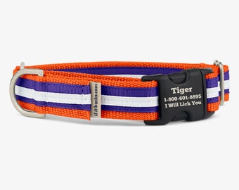 Stripe Martingale halsband, gepersonaliseerde, oranje paarse halsband, no slip hondenhalsband, quick release gesp, webbing kraag, tijger
