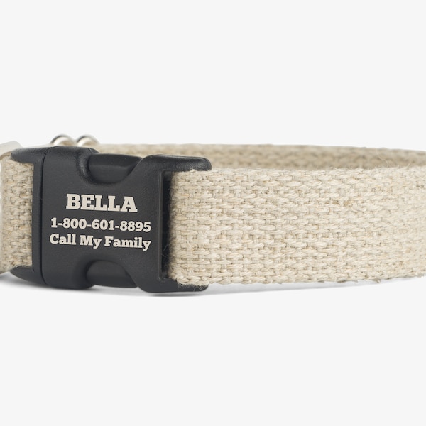 Custom Hemp Dog Collar, Personalized Collar, Puppy Collar, Engraved Dog Collar, Ecofriendly, Khaki, Tan, Quick Release Buckle, Natural Hemp